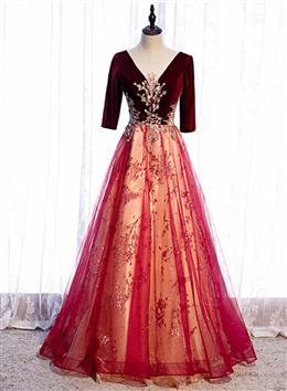 Picture of Wine Red Color Velvet 1-2 Sleeves Long Party Dresses with Lace, A-line Junior Formal Dresses